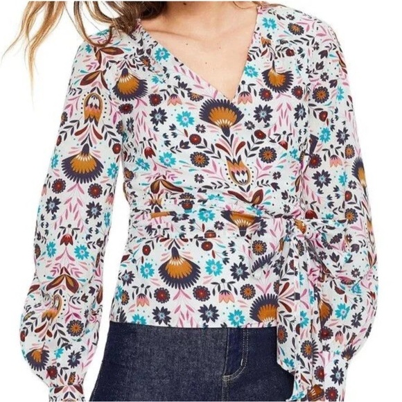 Boden Tops - Boden White Wrap Blouse with Teal, Mustard & Pink Floral Print